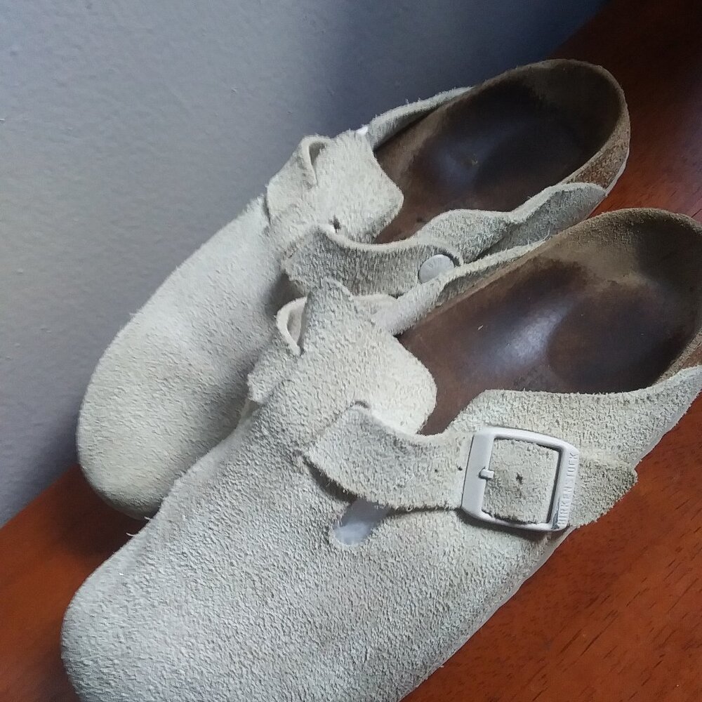 Birkenstock Beige Suede Clogs with Silver Buckle